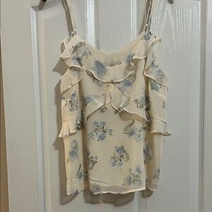 LOFT Cream and Blue Floral Ruffle Blouse